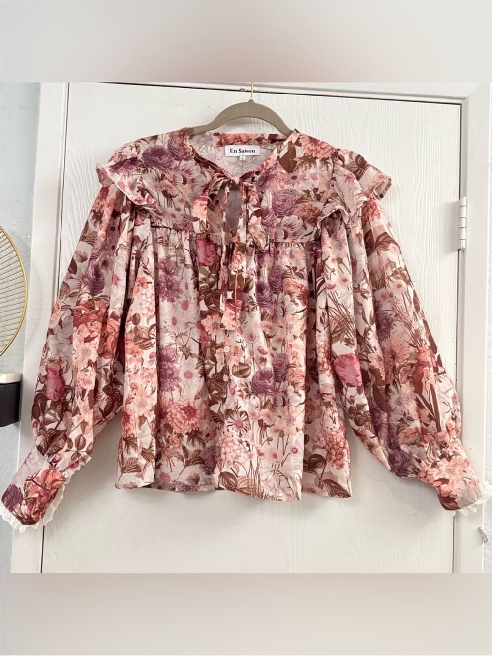 En Saison Rose and Brown Floral Ruffle Cottagecore Blouse Sz Large